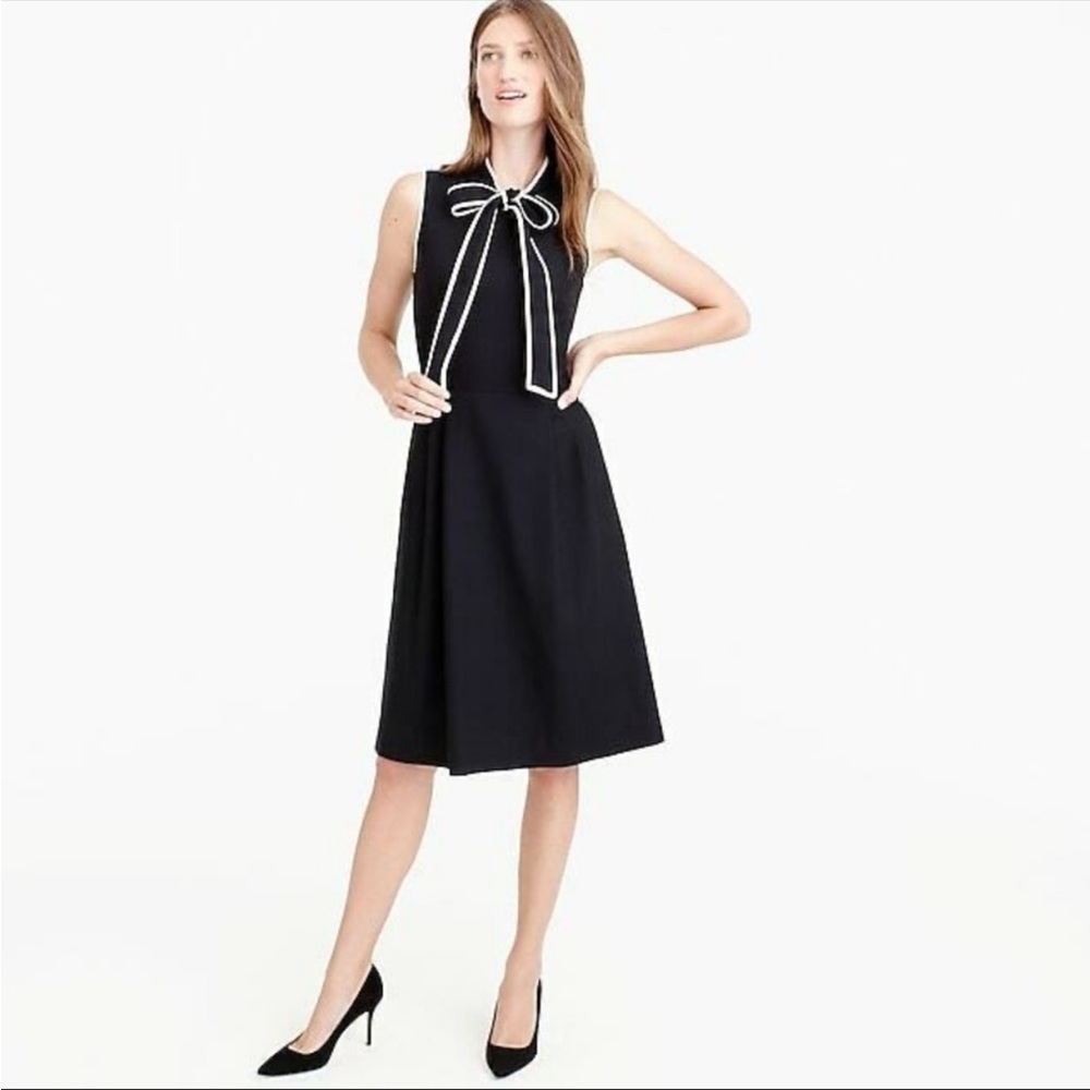 J.Crew Tie Neck Bow Wool Crepe Fit and Flare Dress size 4 - Black and White - Picture 1 of 9